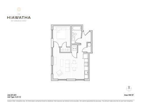 Floor plan for 1 bed, 1 bath, 648 sqft